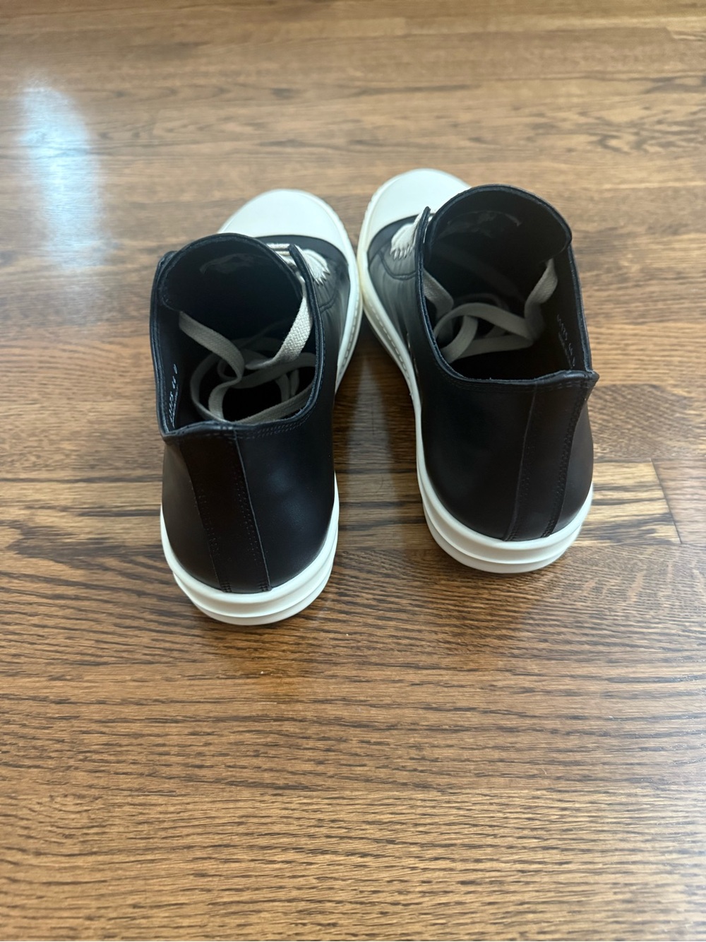 Rick Owens Ramones Black Leather Sneakers with White Toe and Laces - Picture 4 of 9